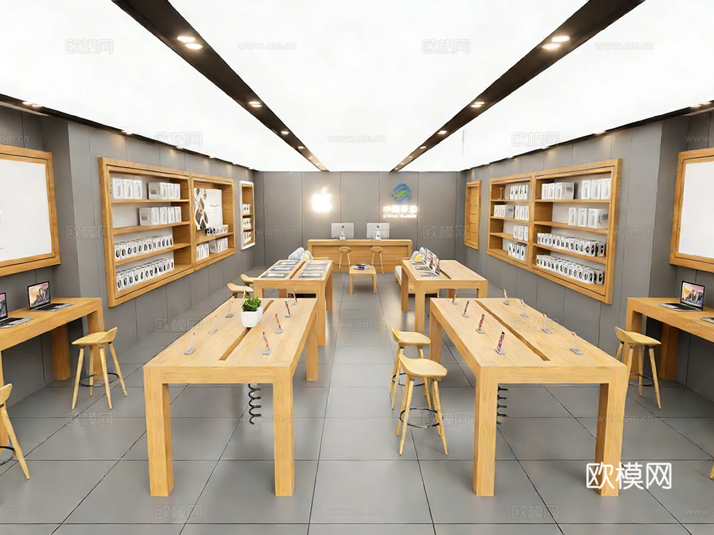 现代简约数码专卖店 展示桌高脚凳置物架 附包装盒 品牌店商场su模型