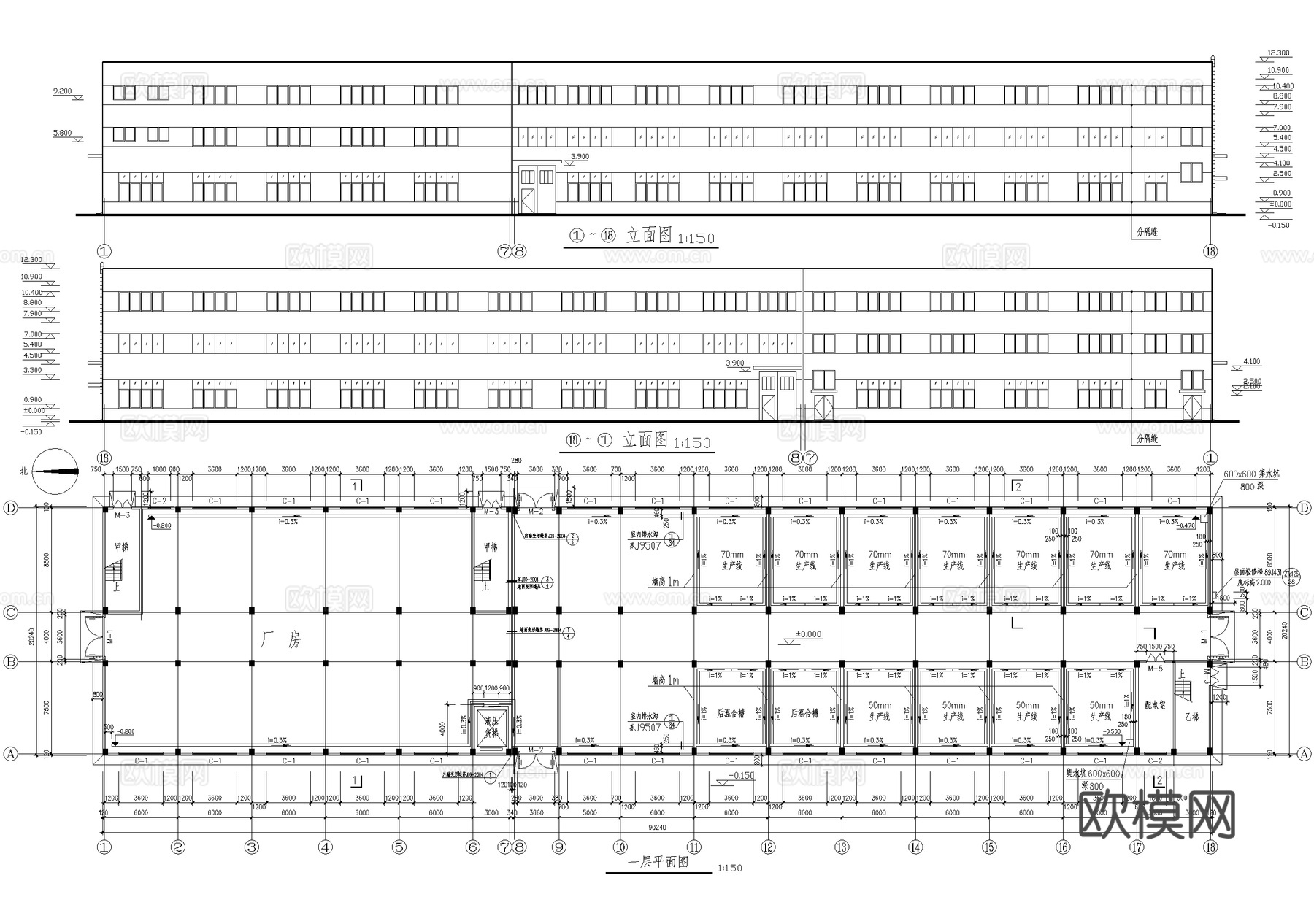厂房 三层生产加工车间 工业建筑生产线cad施工图