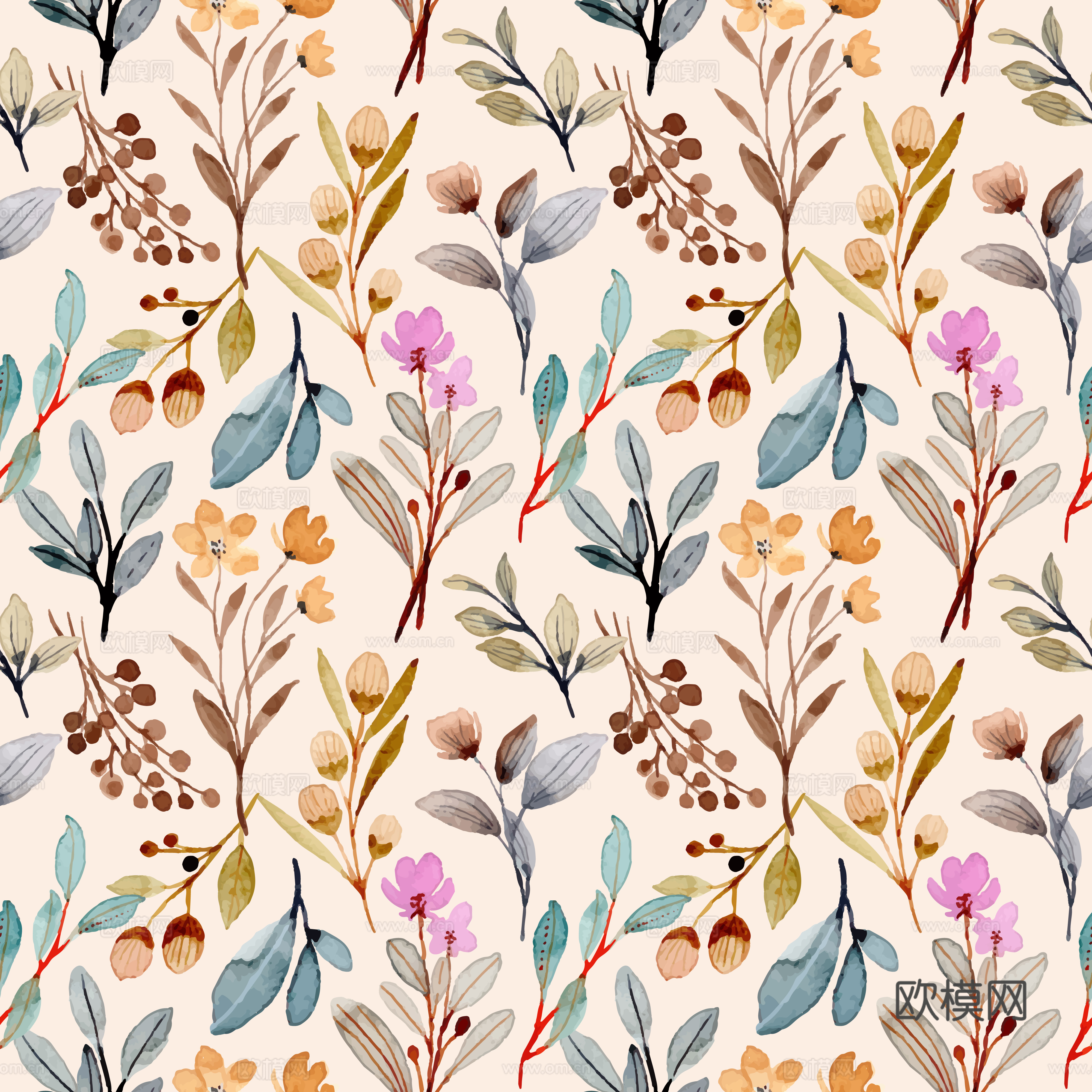 水彩风小清晰植物树叶图案纹理肌理31
