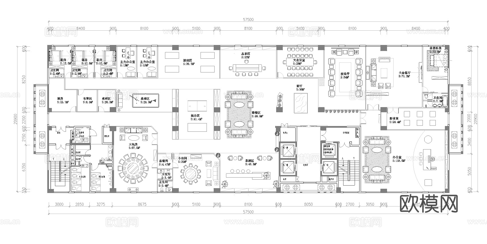1200平高档娱乐会所 最新平面施工图设计cad施工图