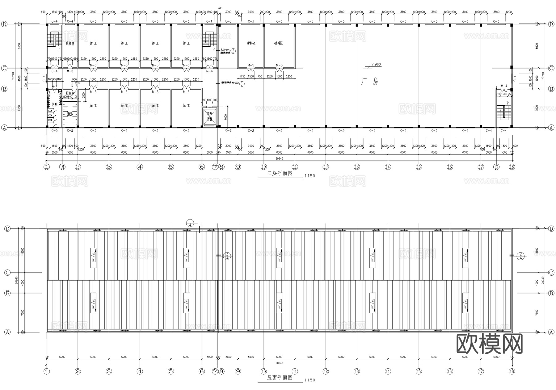 厂房 三层生产加工车间 工业建筑生产线cad施工图