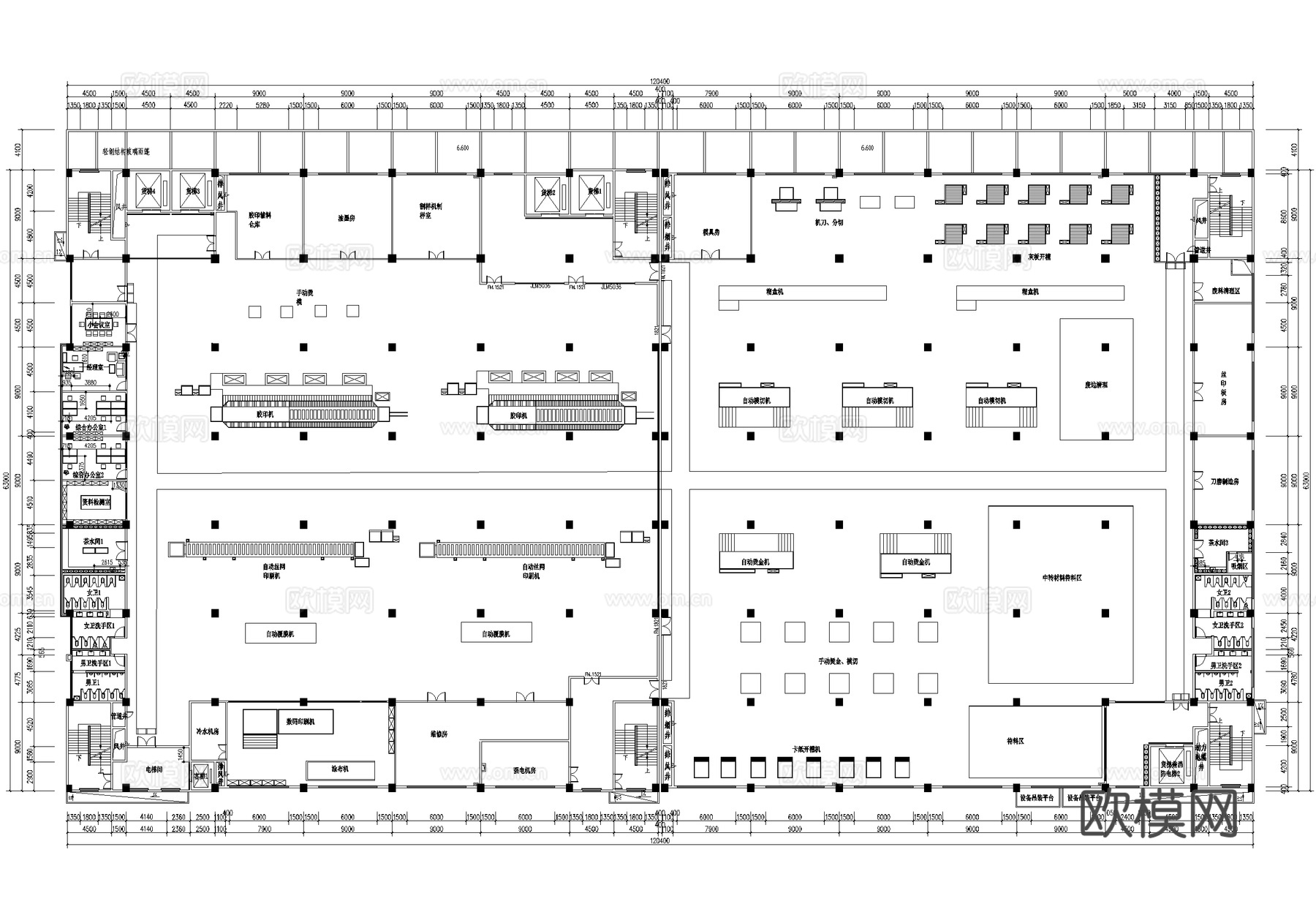 厂房平面图 印刷厂生产车间工业建筑cad施工图
