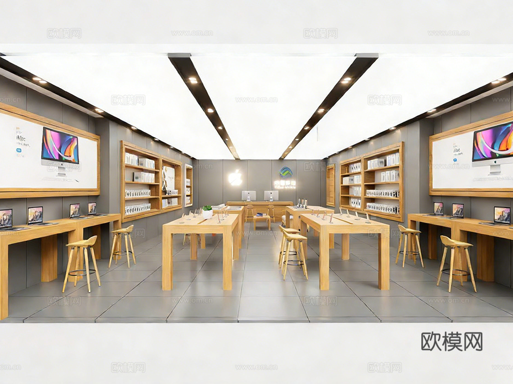 现代简约数码专卖店 展示桌高脚凳置物架 附包装盒 品牌店商场su模型