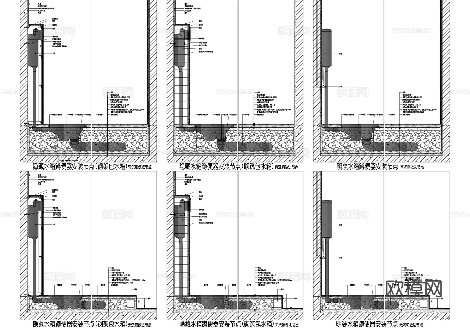 蹲便器安装节点 隐藏明装水箱cad施工图