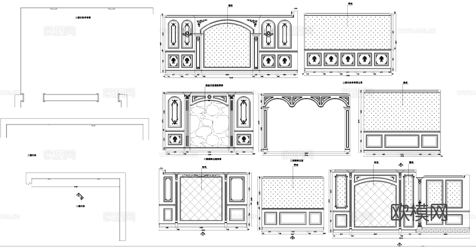 法式整木墙板背景墙雕花线条装饰CAD施工图集cad施工图
