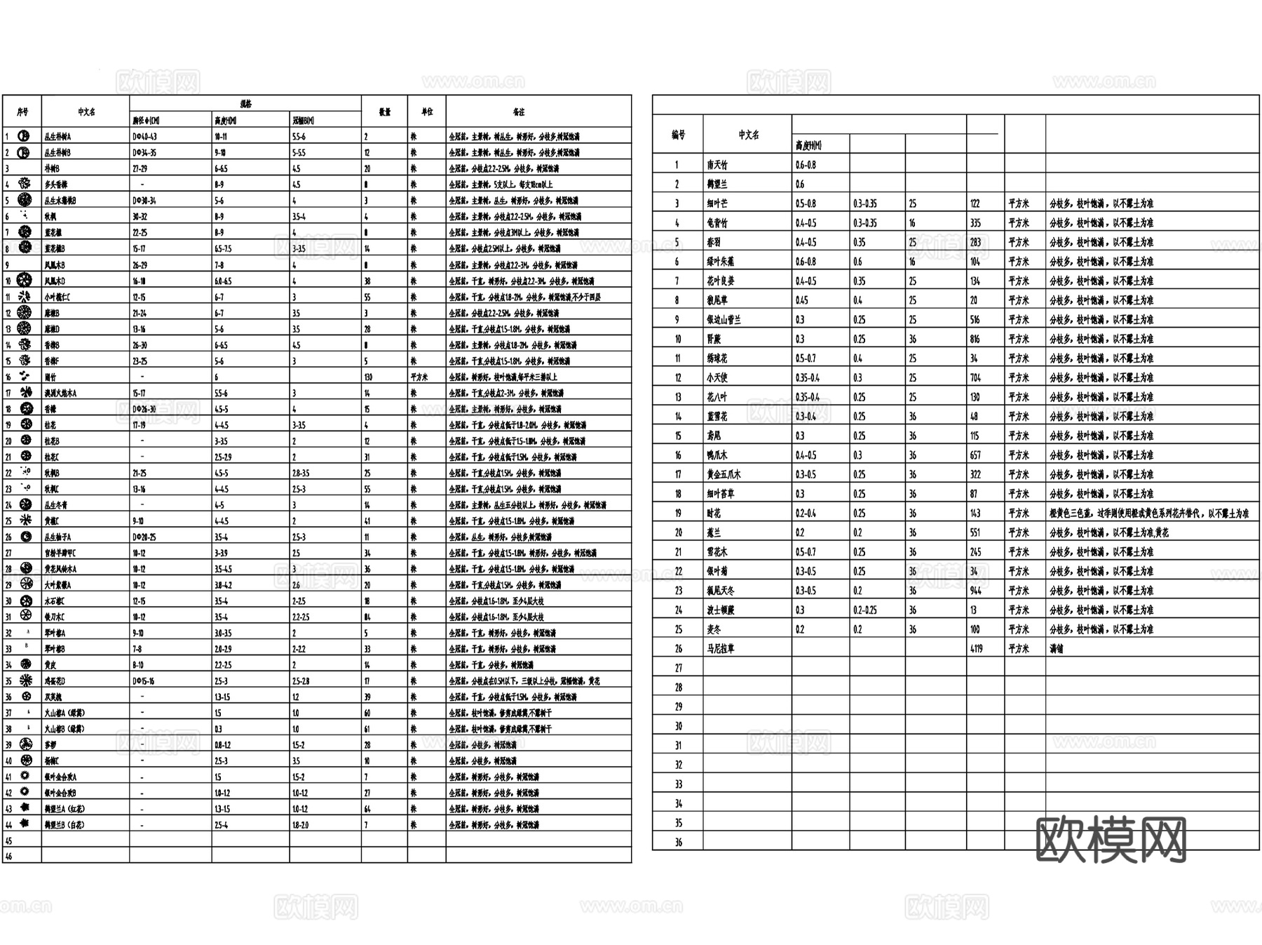 标准化苗木植物表图例CAD施工图cad施工图