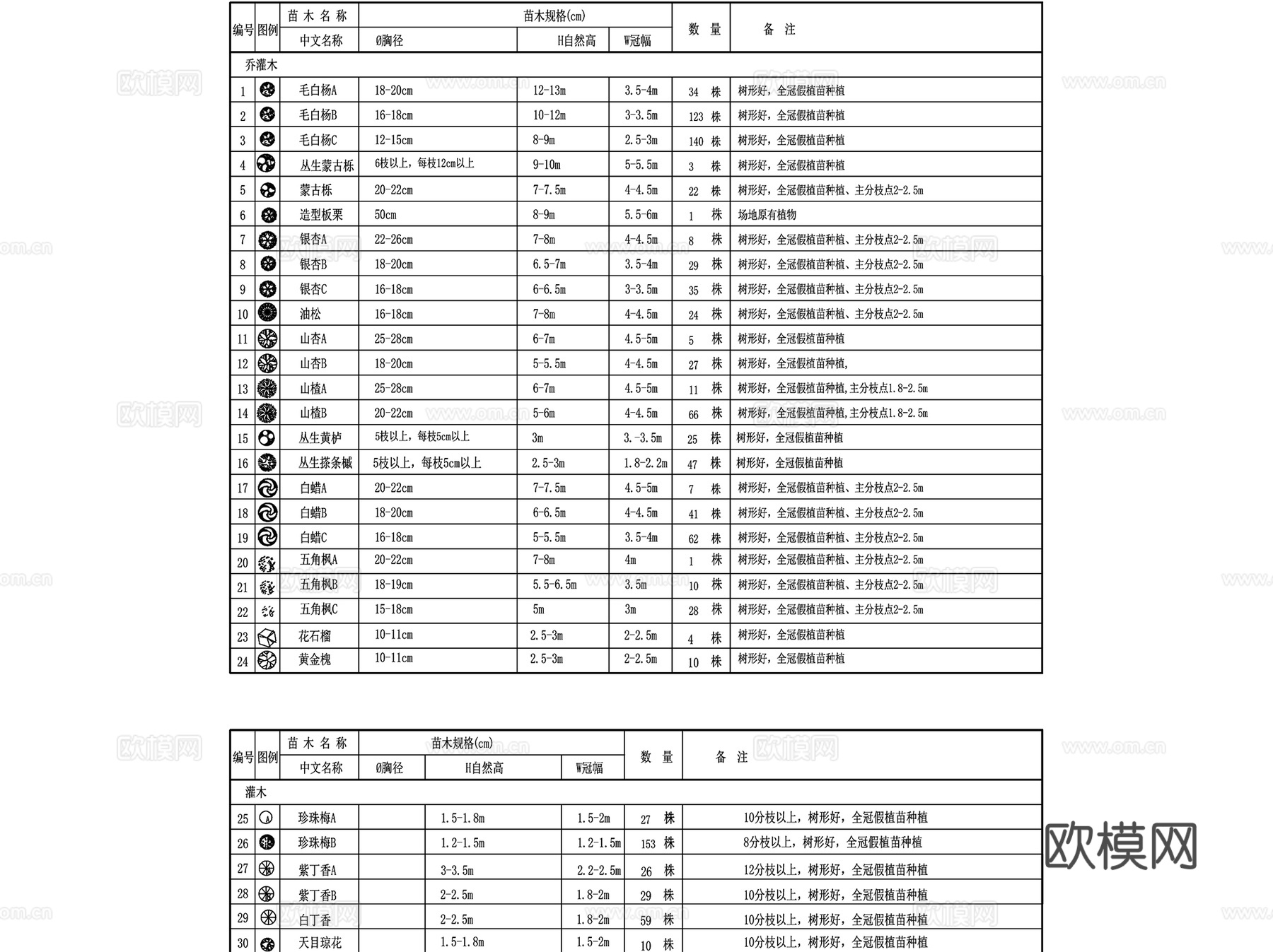 标准化苗木植物表图例CAD施工图cad施工图