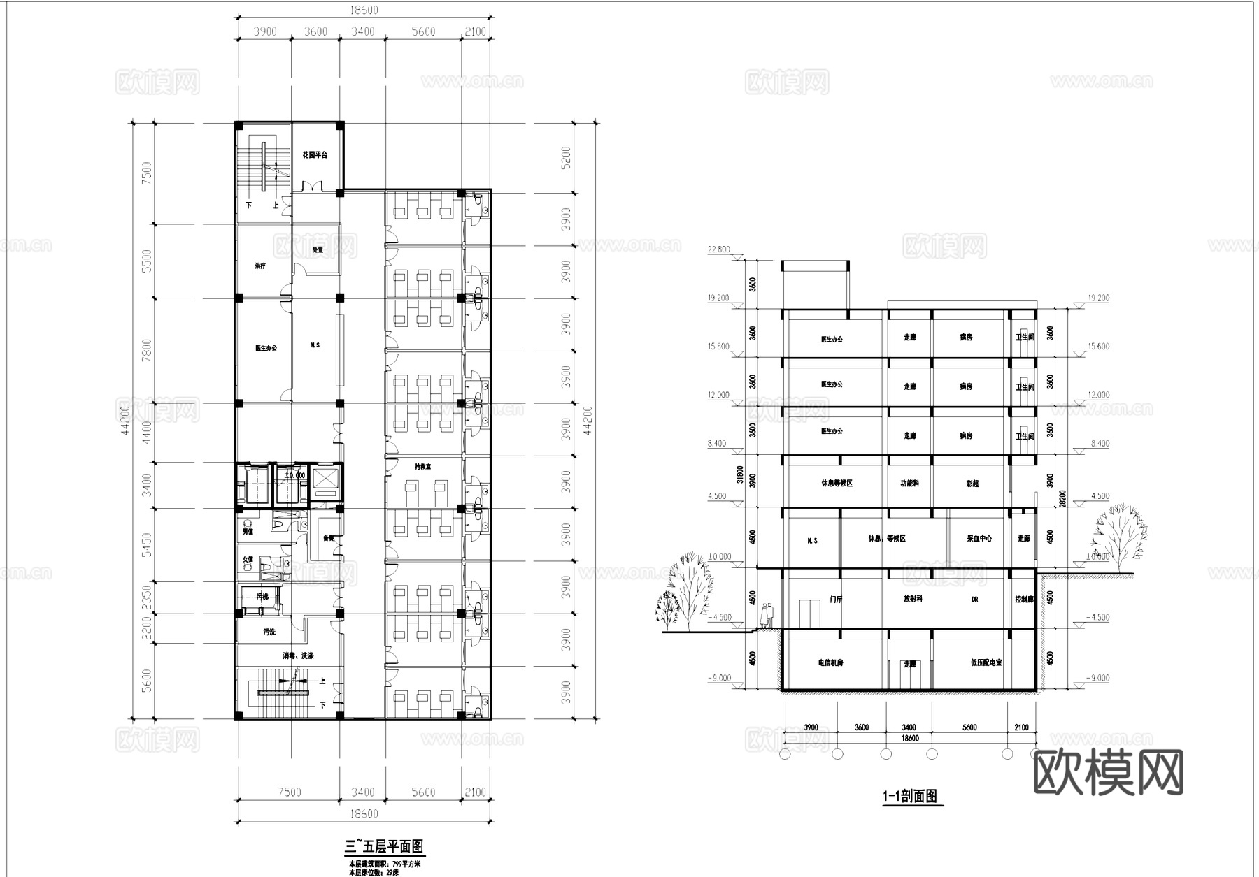 昆明东川中医医院综合楼建筑平立剖面CAD施工图cad施工图