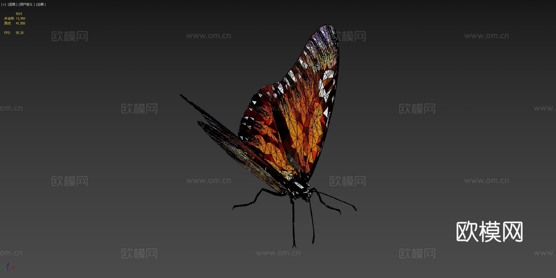 蝴蝶橙色低多边形艺术昆虫3d模型下载（渲染图4）