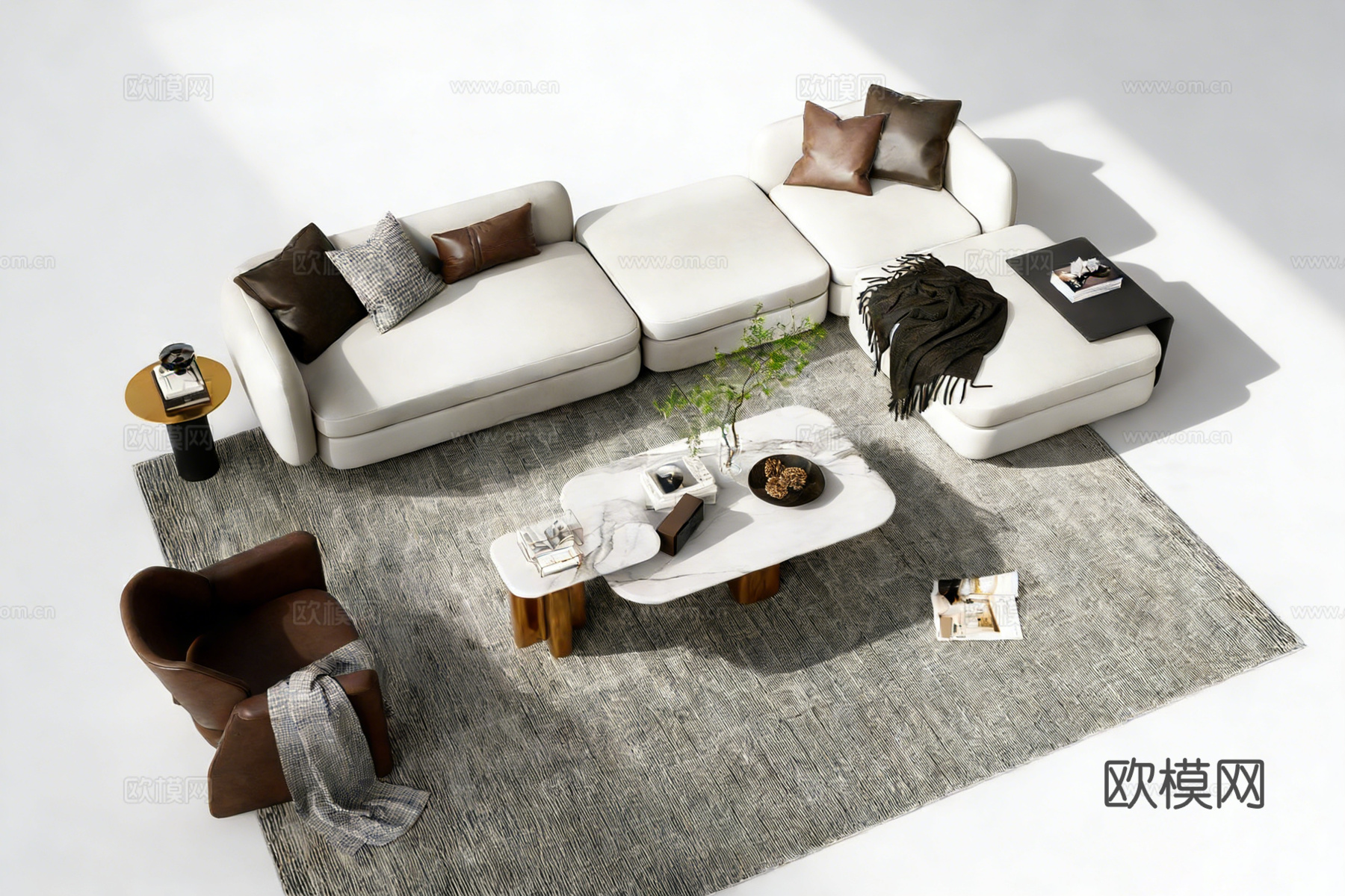 现代简约客厅软装套组 L型沙发 大理石茶几 单人椅 地毯抱枕su模型