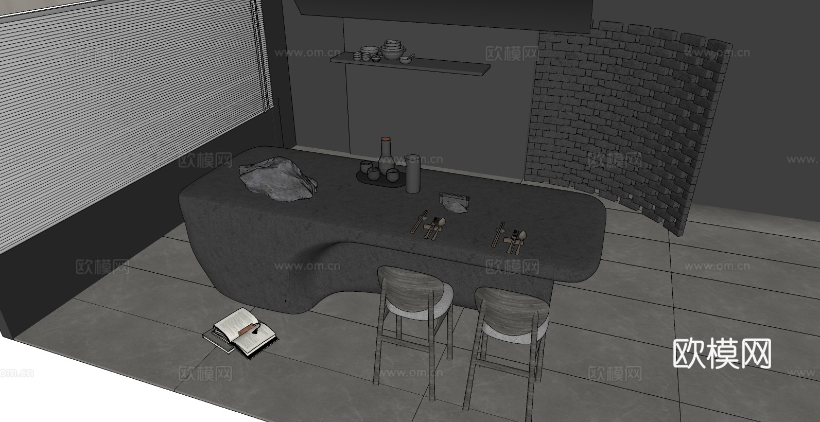 现代简约弧形岛台 西厨岛台 水泥风su模型