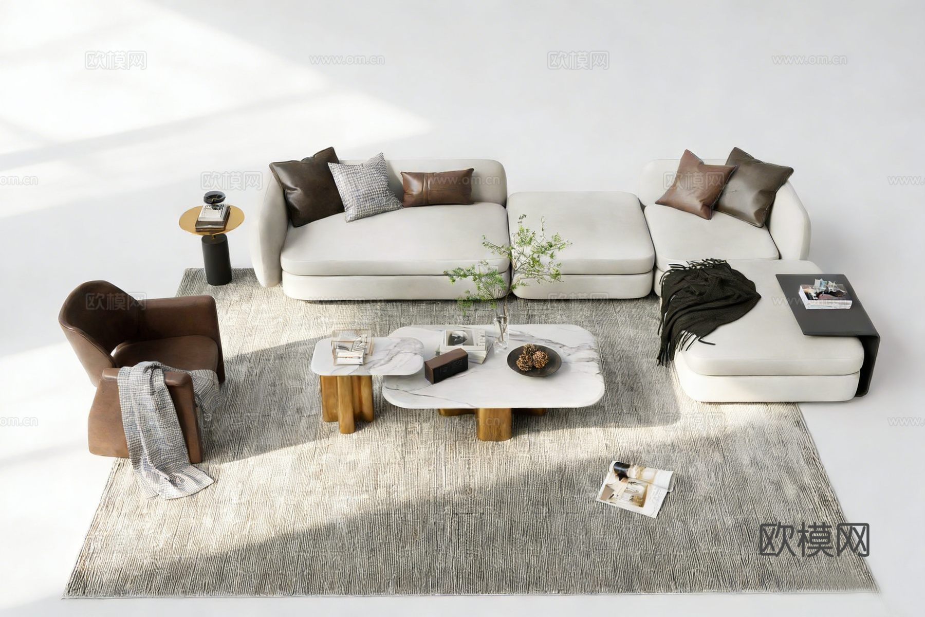 现代简约客厅软装套组 L型沙发 大理石茶几 单人椅 地毯抱枕su模型
