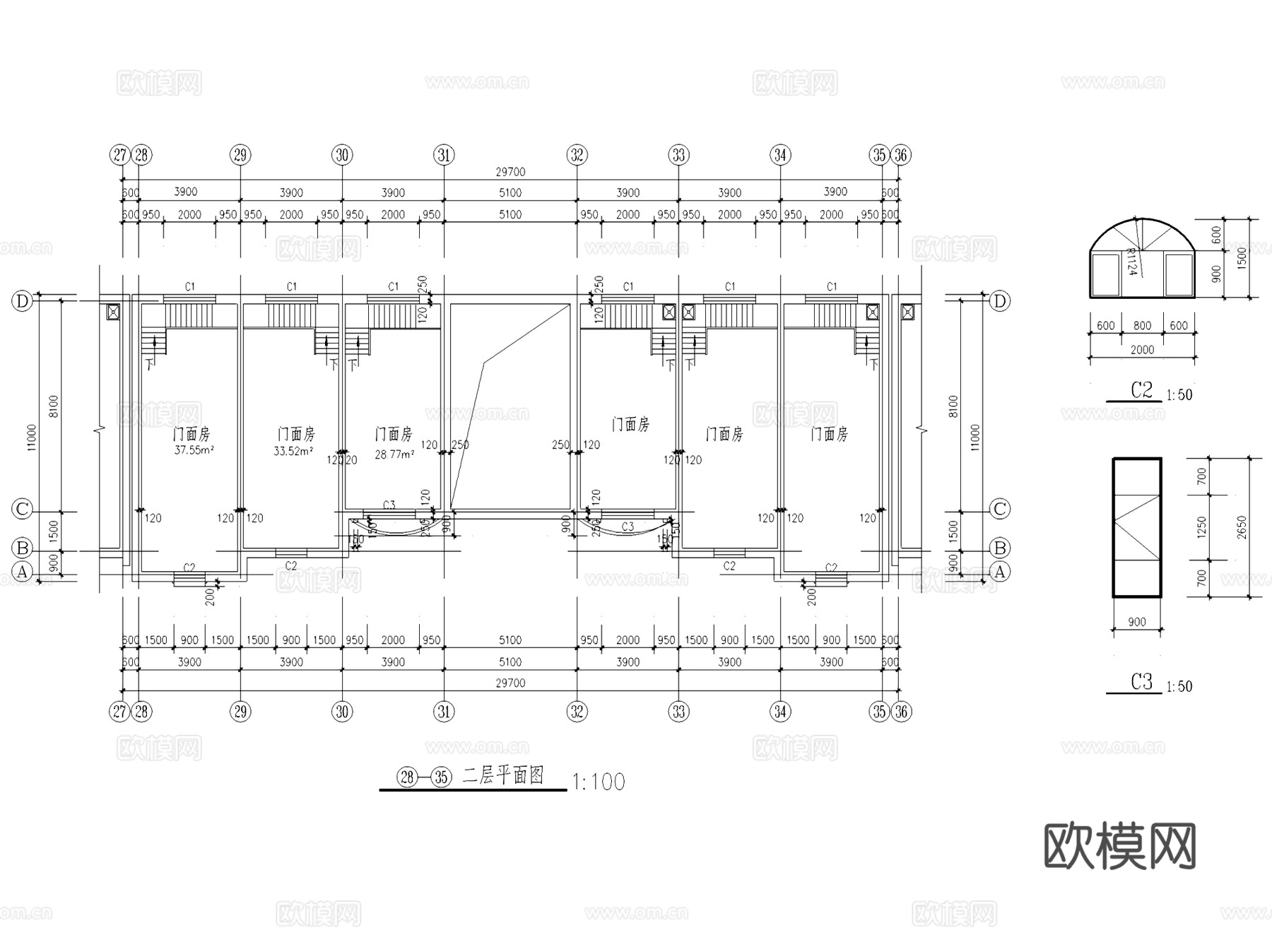 二层商业楼门面房建筑CAD施工图集cad施工图