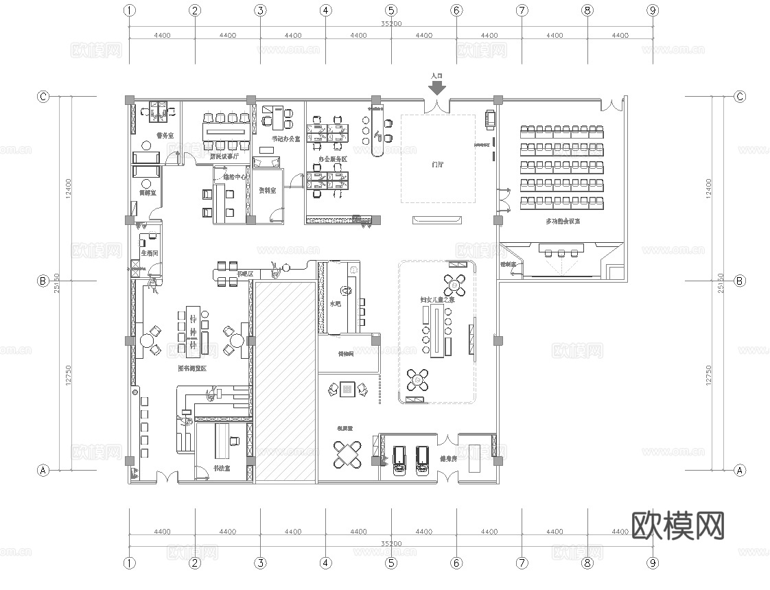 700平社区服务中心 最新平面施工图设计cad施工图