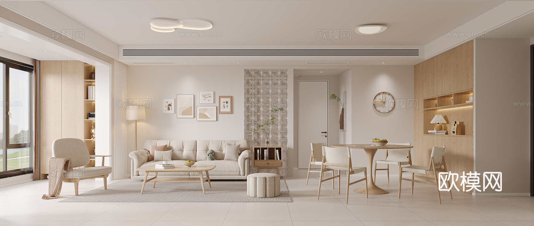 现代奶油原木客餐厅3d模型下载（渲染图1）