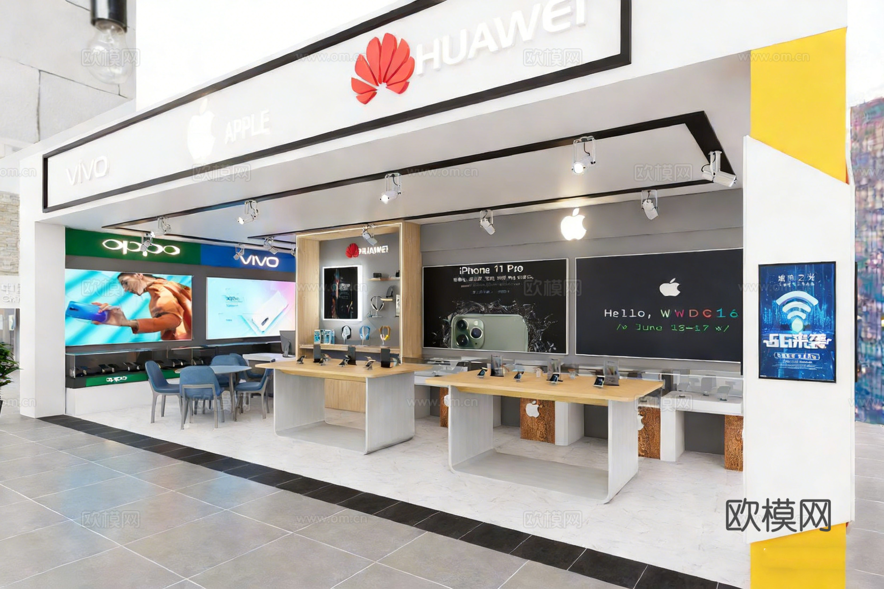 科技感数码产品店 展示台体验桌 广告屏 手机店专卖店 商场中su模型