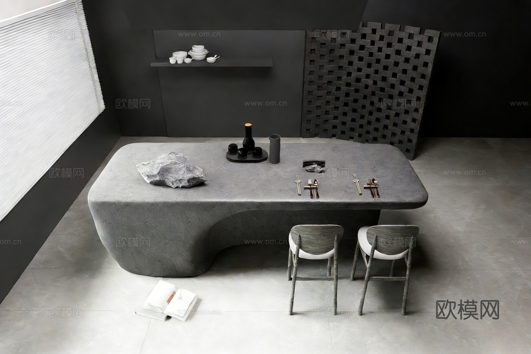 现代简约弧形岛台 西厨岛台 水泥风su模型