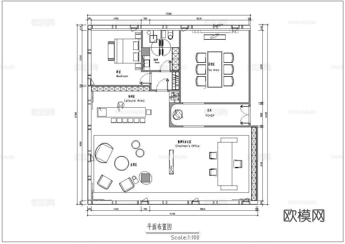 总经理 董事长 办公室 最新平面施工图设计cad施工图