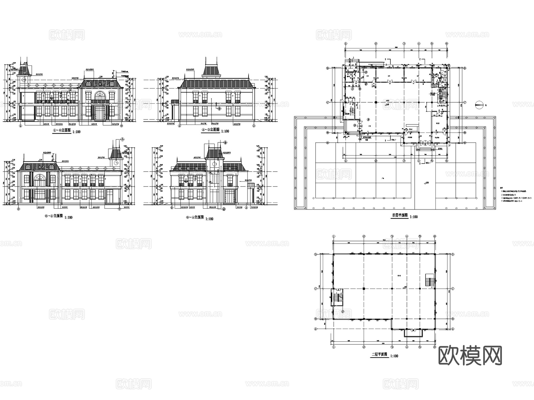 二层欧式商务会所建筑CAD施工图集cad施工图