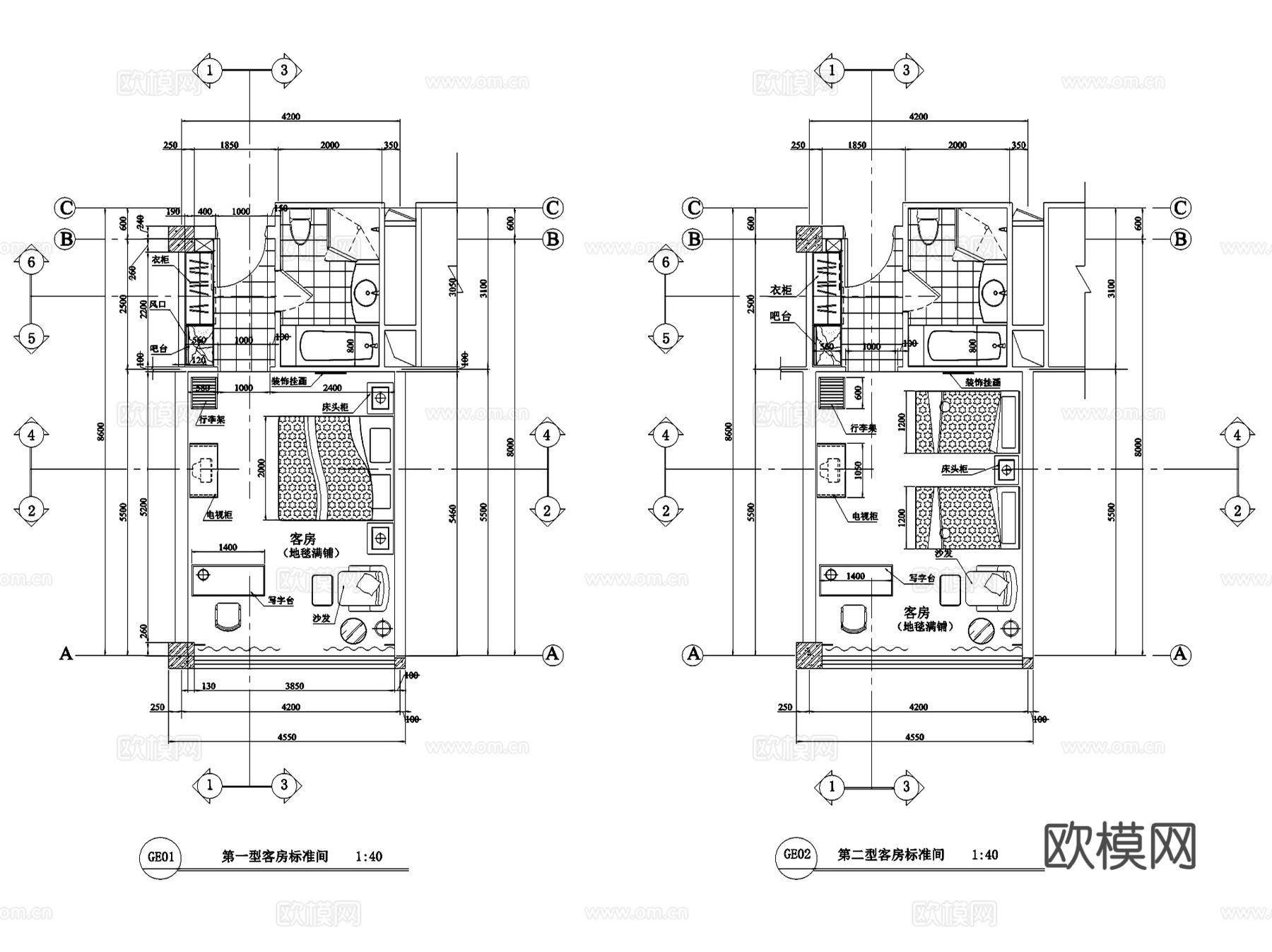 酒店商务客房室内装饰平面图CAD施工图集cad施工图