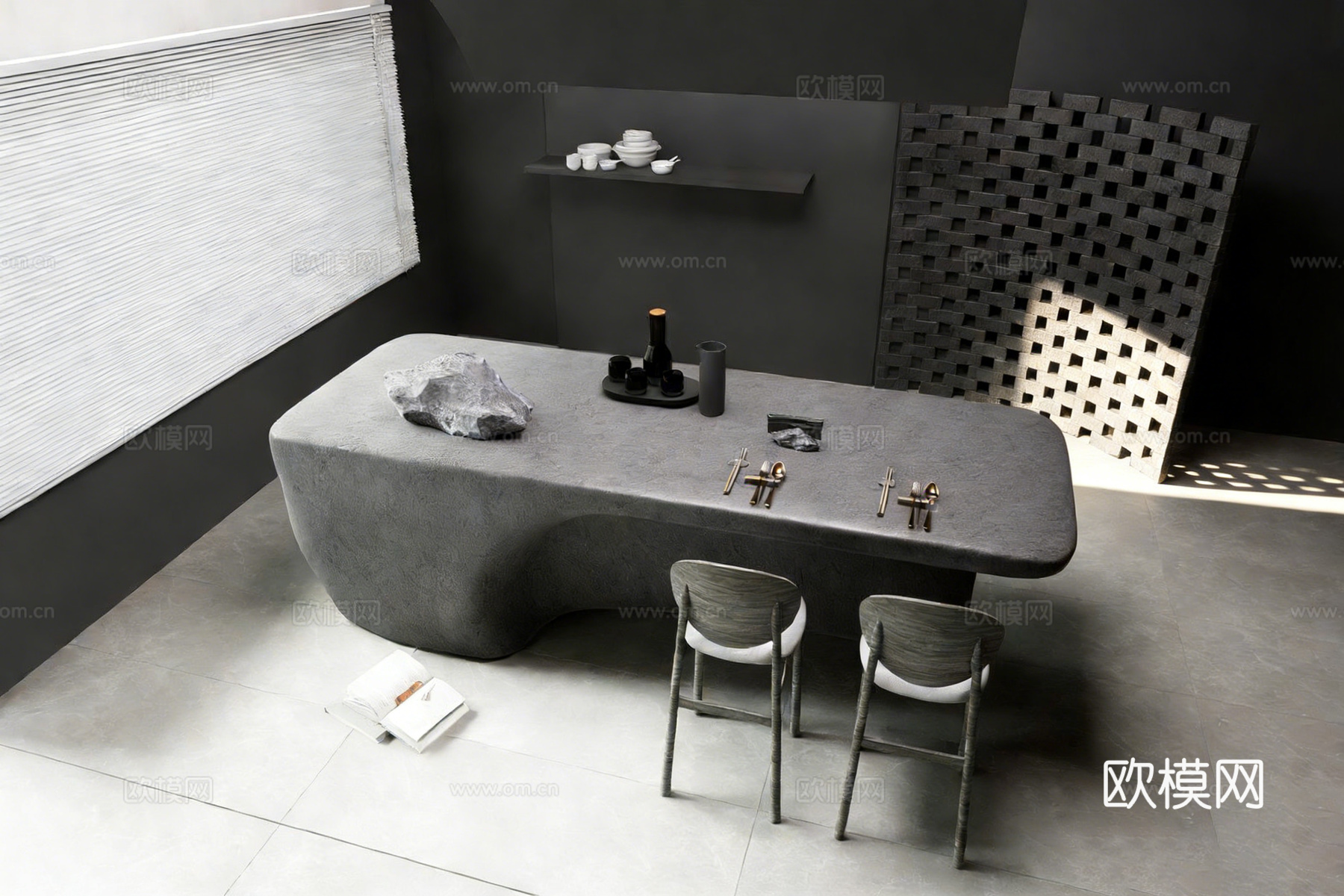现代简约弧形岛台 西厨岛台 水泥风su模型