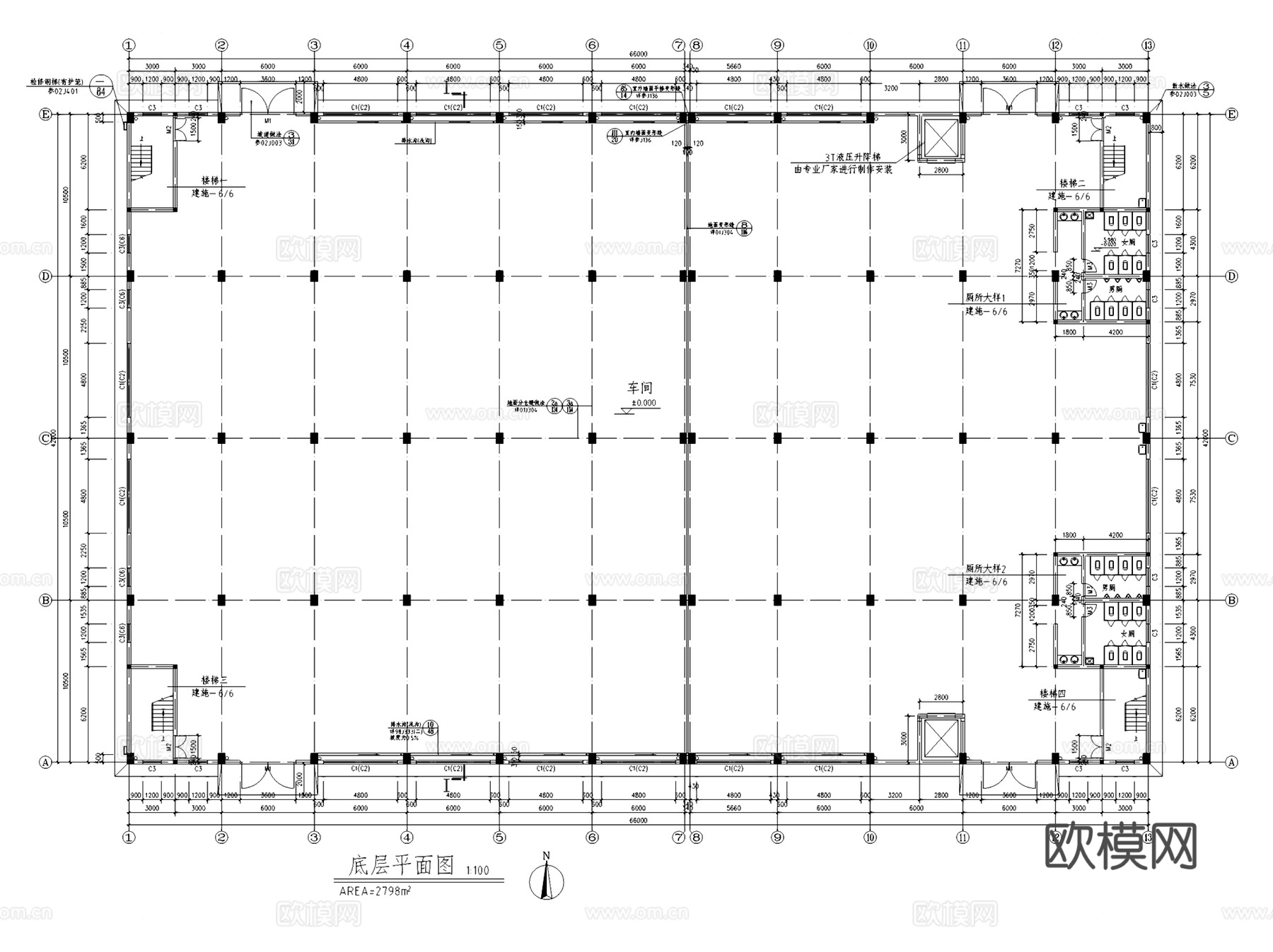 二层工业车间厂房建筑CAD施工图集cad施工图