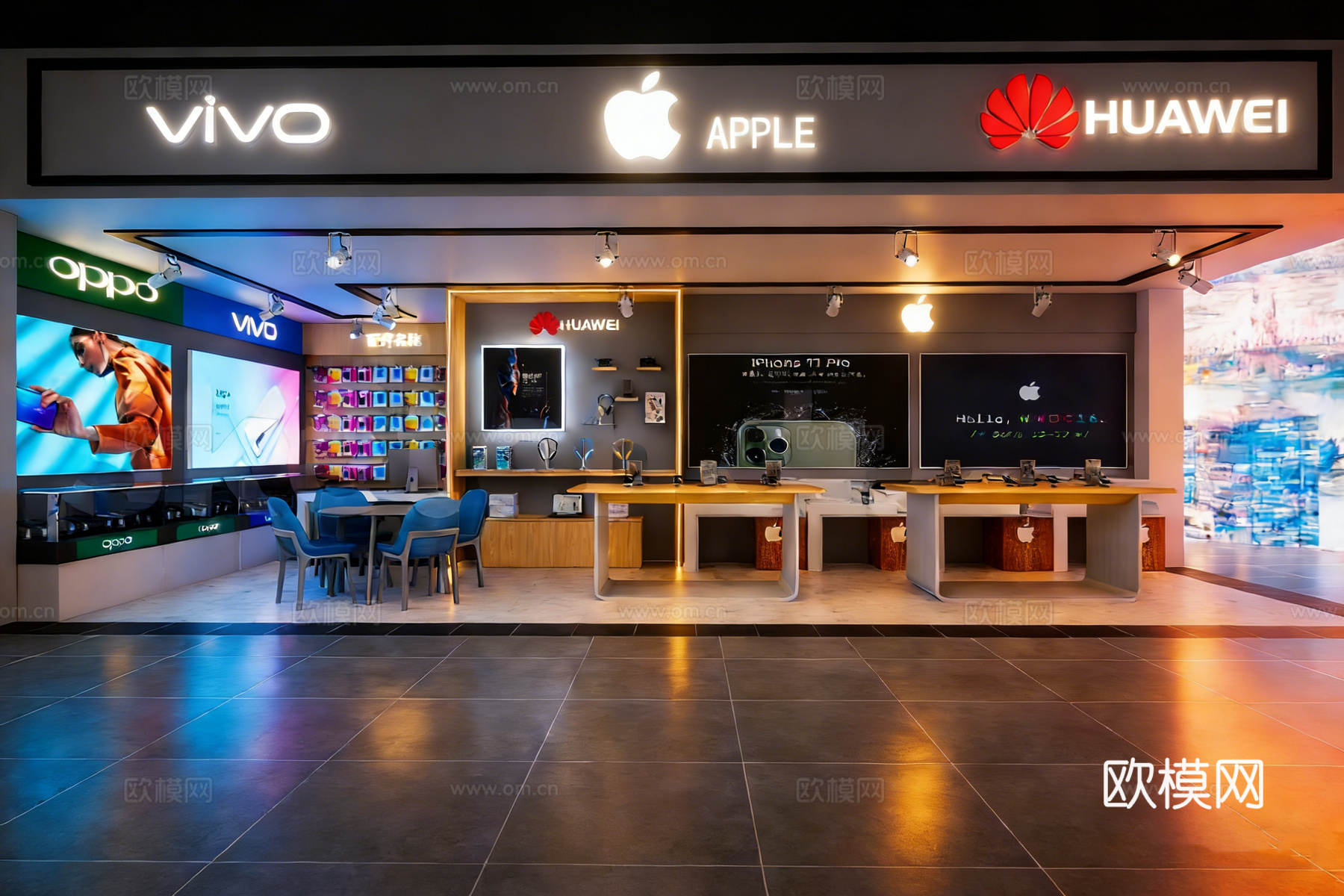 科技感数码产品店 展示台体验桌 广告屏 手机店专卖店 商场中su模型