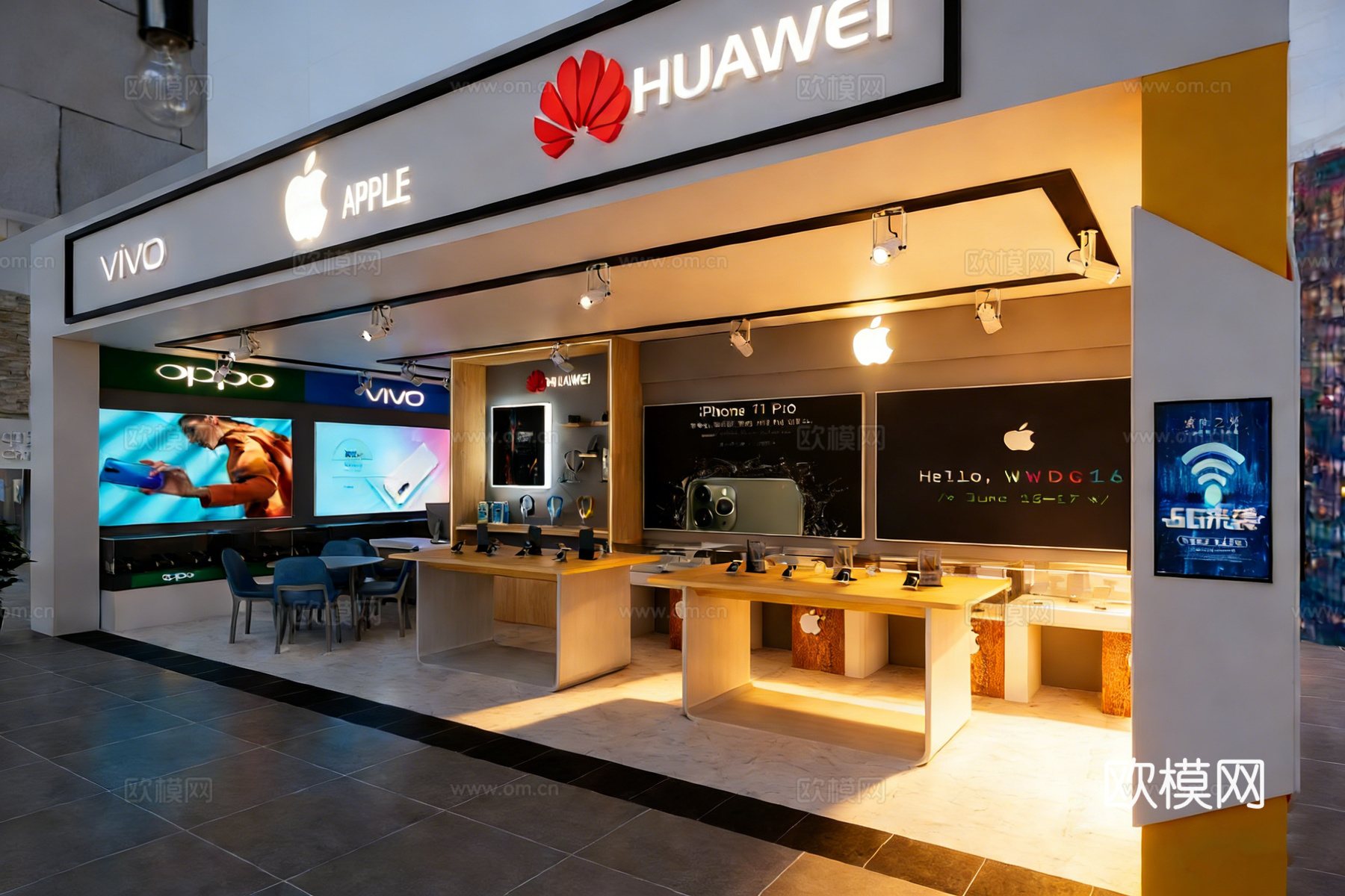 科技感数码产品店 展示台体验桌 广告屏 手机店专卖店 商场中su模型
