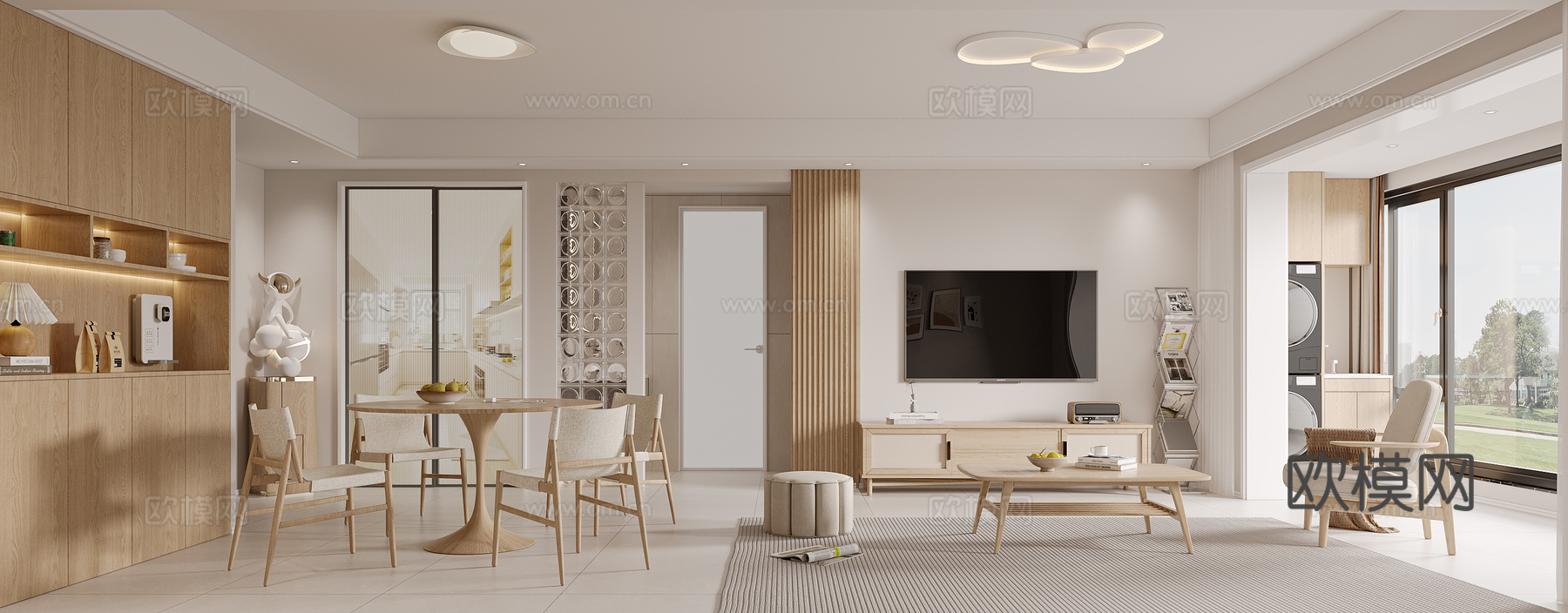 现代奶油原木客餐厅3d模型下载（渲染图2）