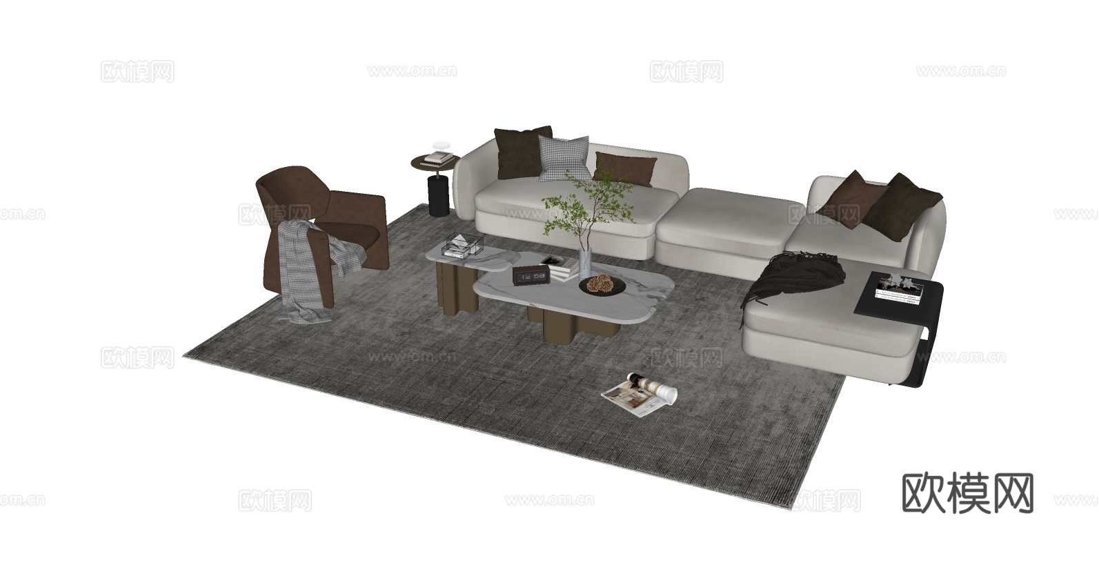 现代简约客厅软装套组 L型沙发 大理石茶几 单人椅 地毯抱枕su模型