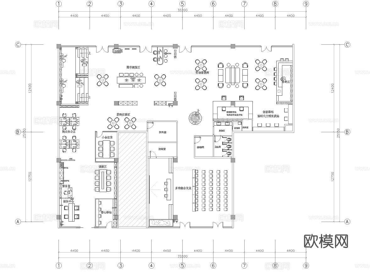 800平社区服务中心 最新平面施工图设计cad施工图