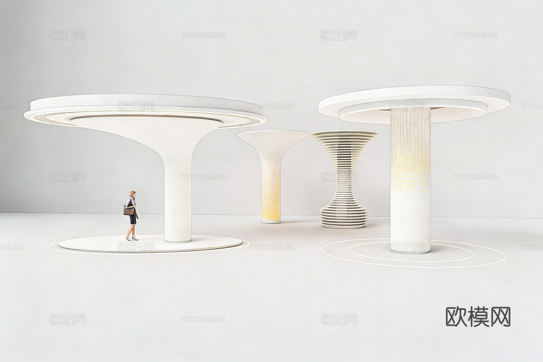 未来感圆形平台与柱体艺术装置 柱子 商场中庭装置 灯饰su模型
