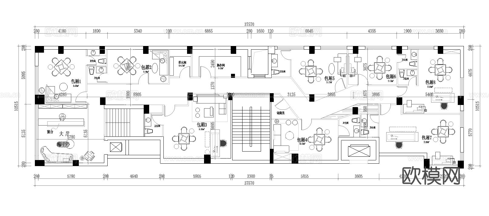 350平棋牌室 茶楼 最新平面施工图设计cad施工图