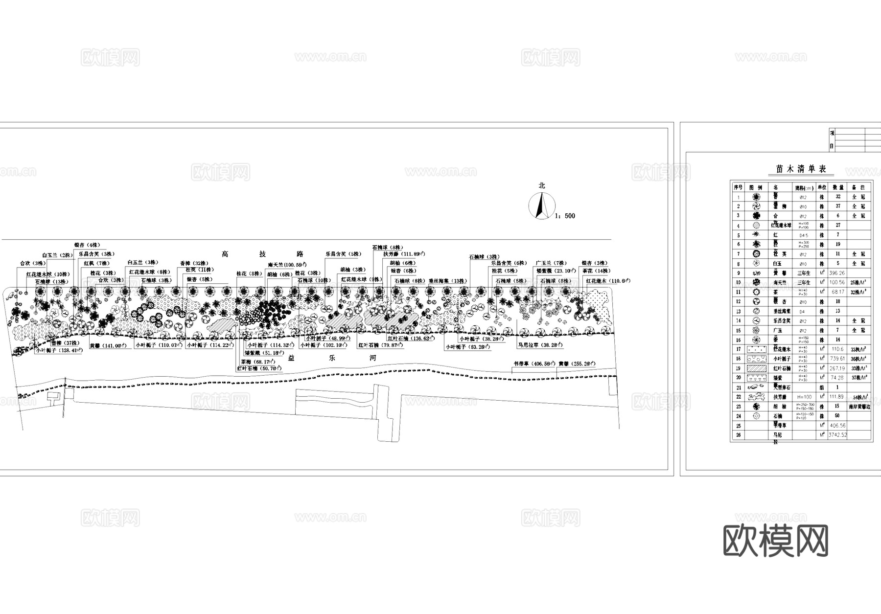 滨水河岸景观植物配置平面CAD施工图cad施工图