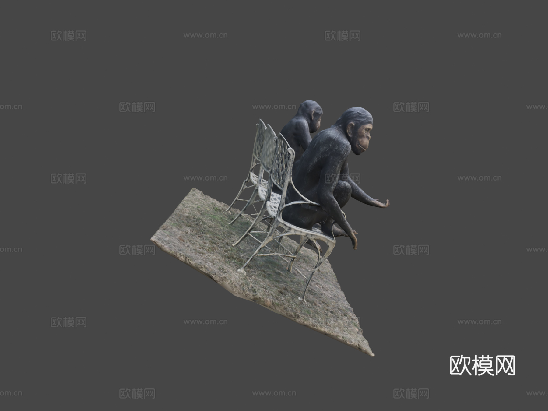 两只黑猩猩坐在长椅上3d模型下载（渲染图5）