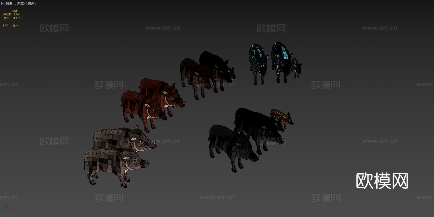 低多边形野猪家族3d模型3d模型下载（渲染图4）