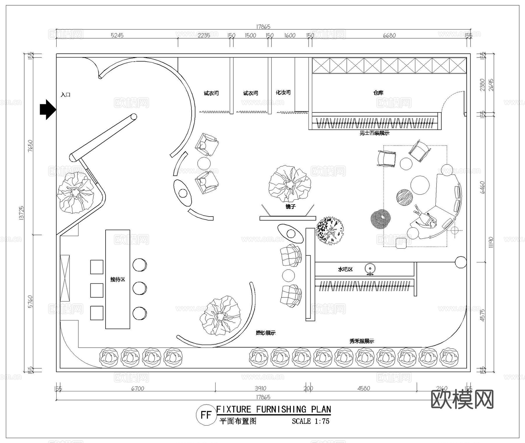 300平婚纱店 最新平面施工图设计cad施工图