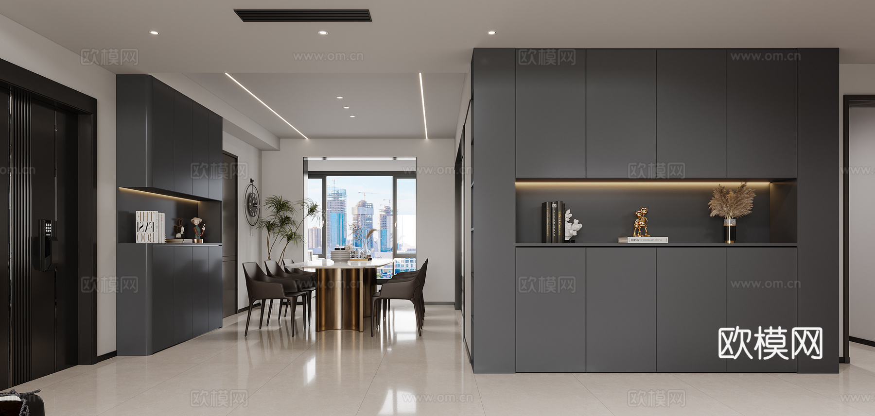 现代意式轻奢黑白灰客餐厅3d模型下载（渲染图2）