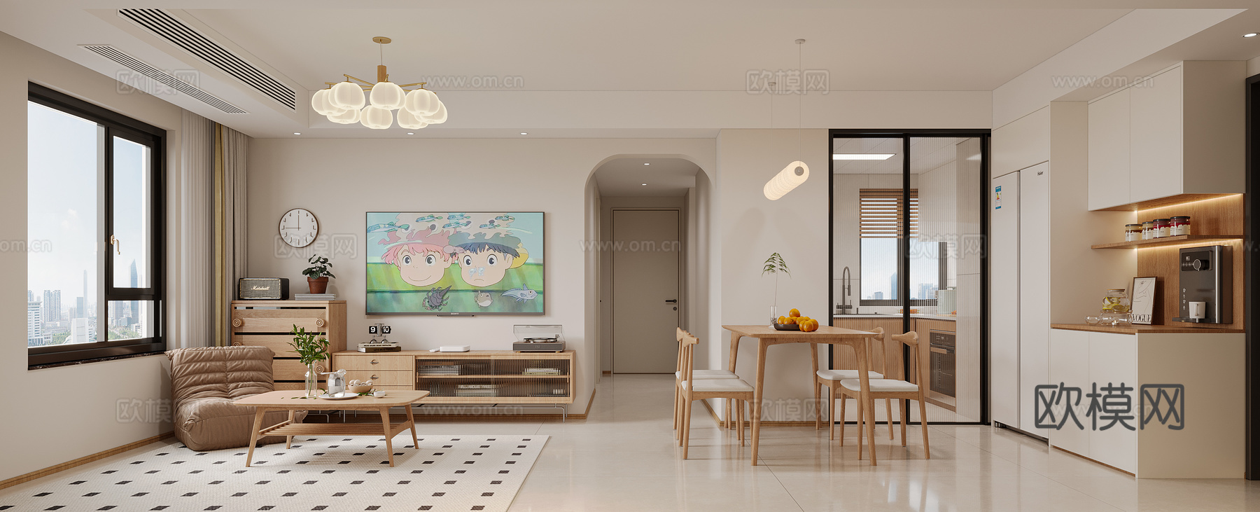 现代奶油客餐厅3d模型下载（渲染图2）