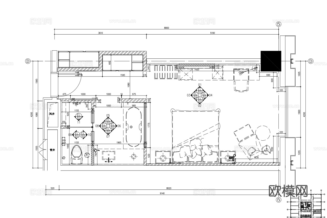 酒店大床房 标间 最新全套施工图设计cad施工图