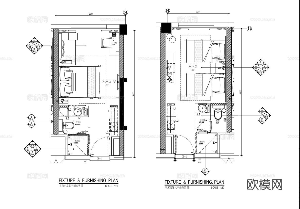 酒店大床房 标间 最新全套施工图设计cad施工图
