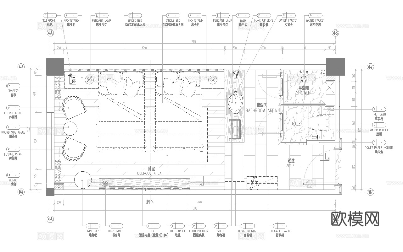 酒店标间 最新全套施工图设计cad施工图