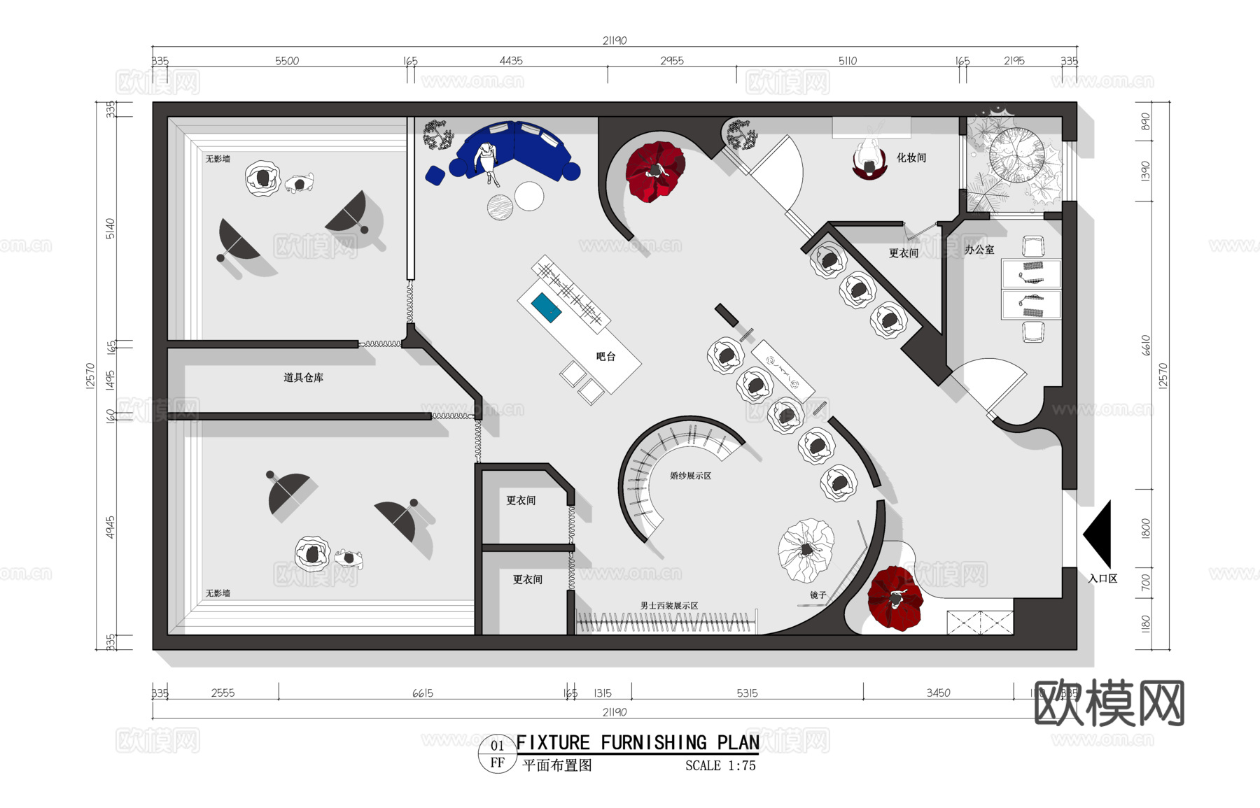 婚纱店 最新平面施工图设计cad施工图