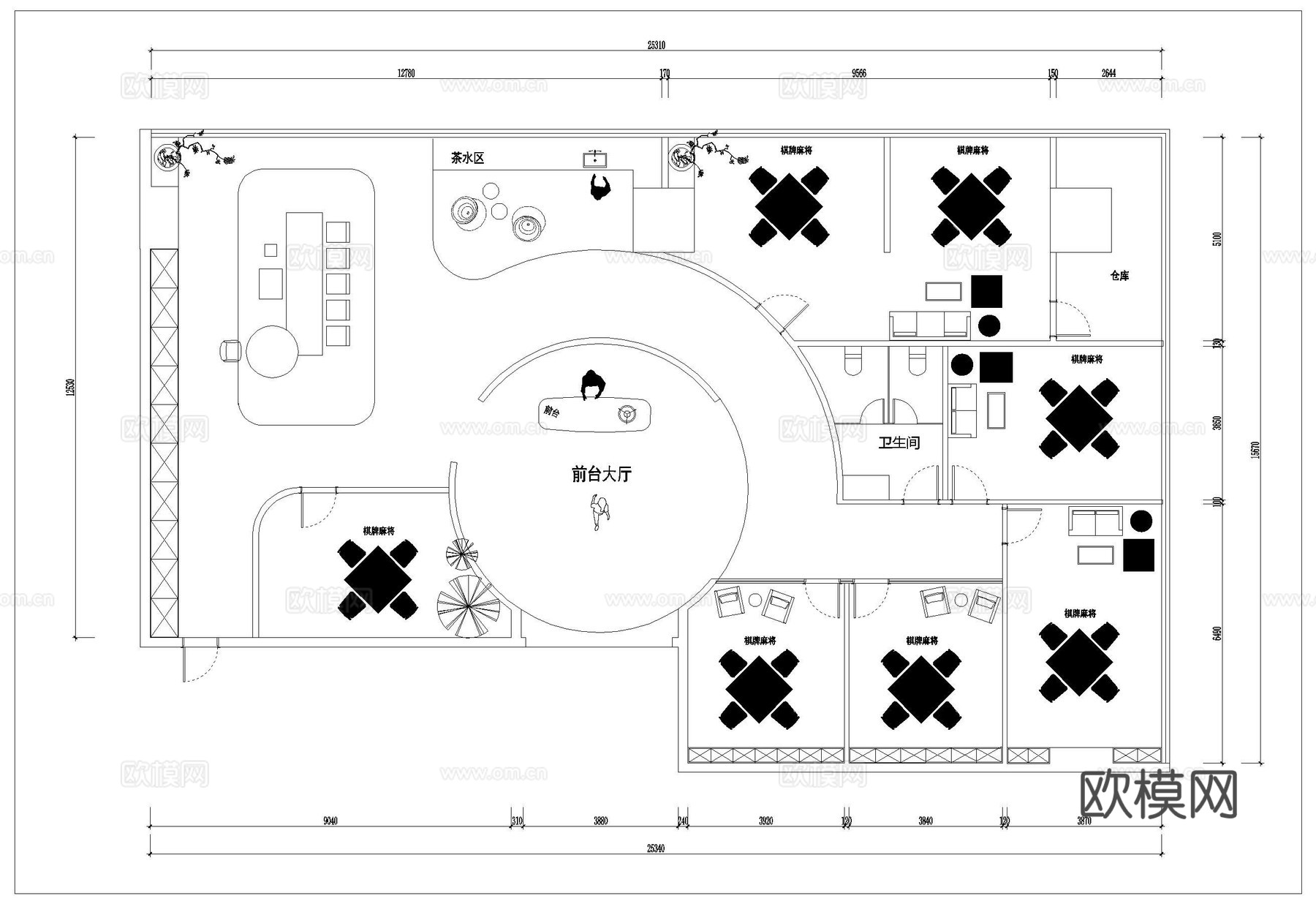 300平棋牌室 茶楼 最新平面施工图设计cad施工图