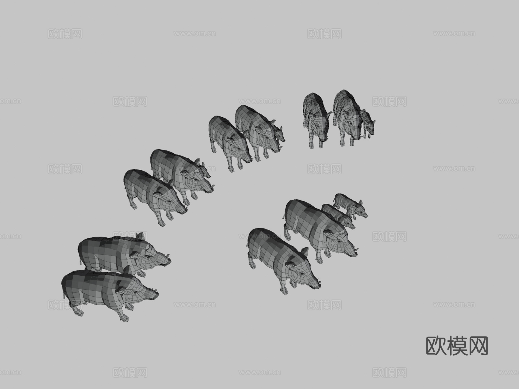 低多边形野猪家族3d模型3d模型下载（渲染图3）