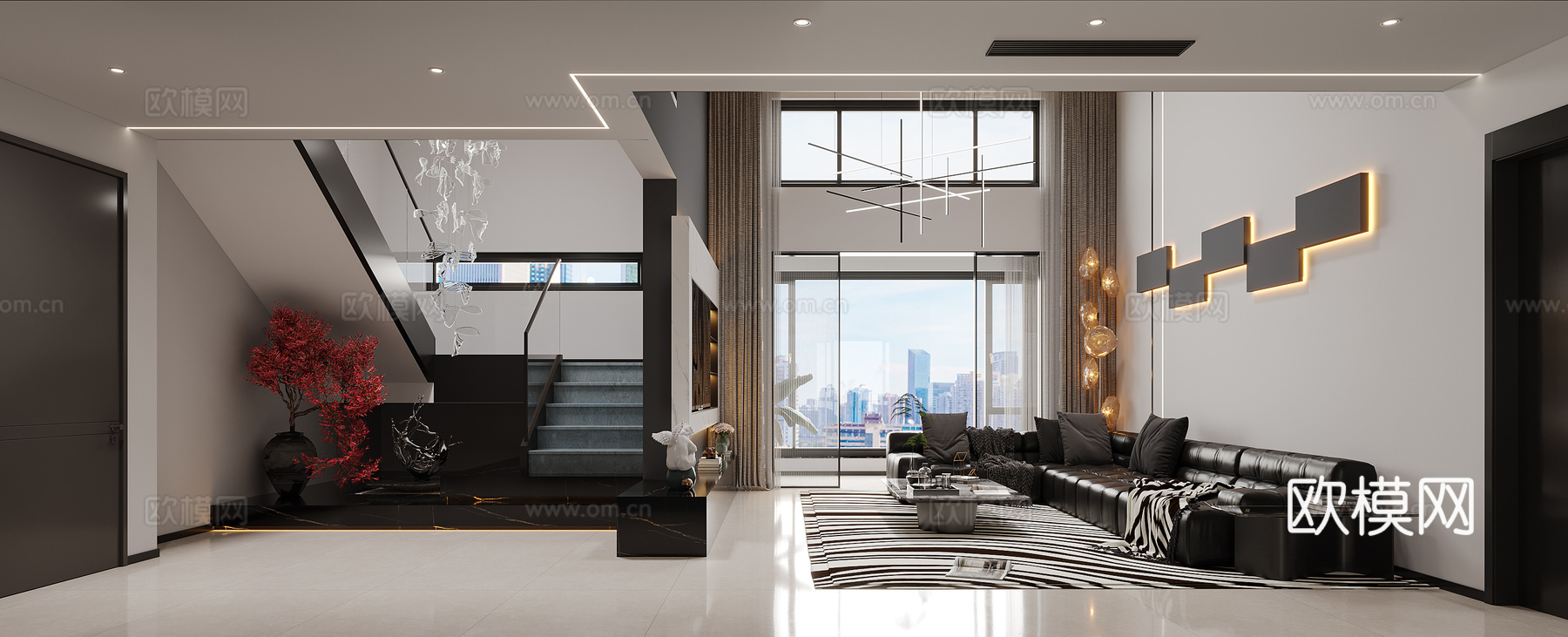 现代意式轻奢黑白灰客餐厅3d模型下载（渲染图1）