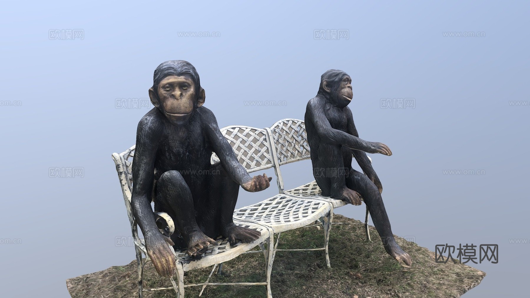 两只黑猩猩坐在长椅上3d模型下载（渲染图1）