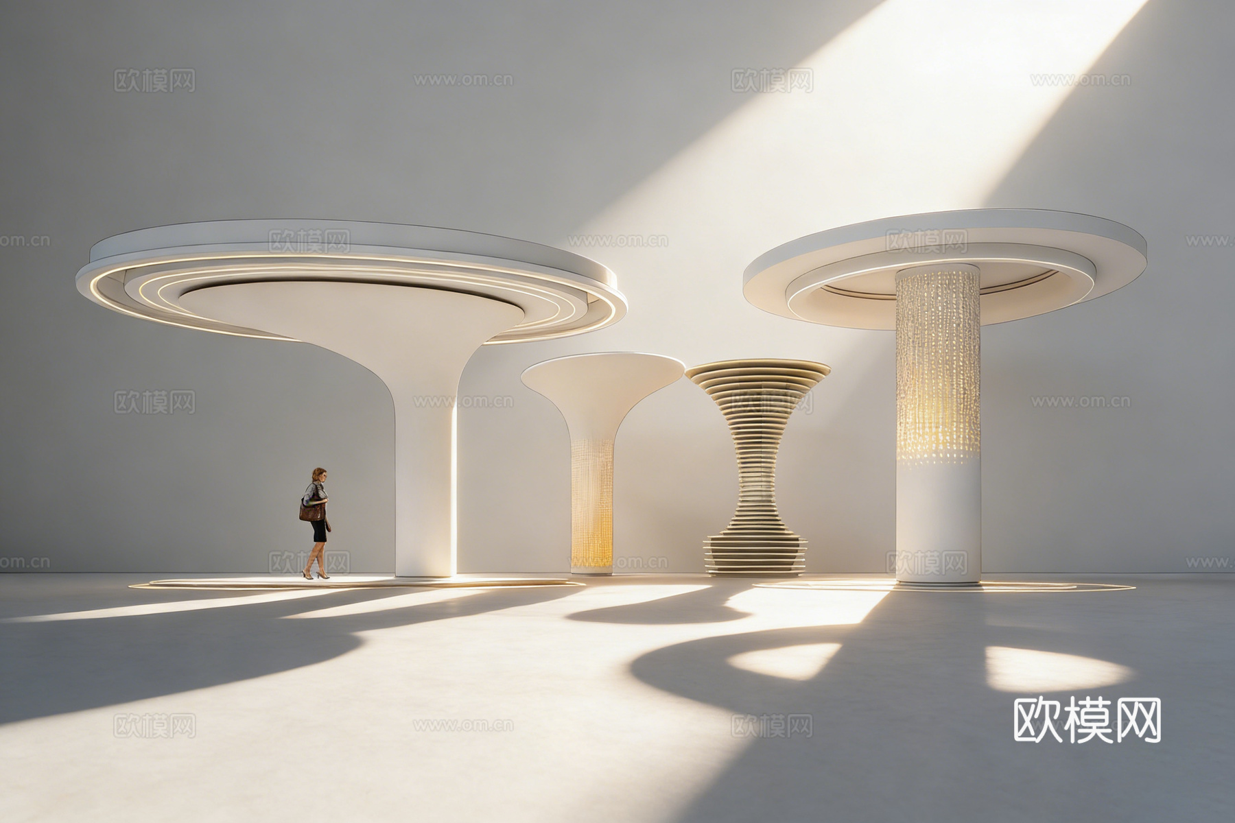 未来感圆形平台与柱体艺术装置 柱子 商场中庭装置 灯饰su模型