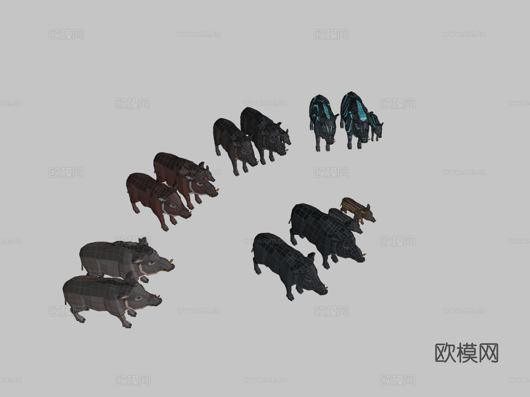 低多边形野猪家族3d模型3d模型下载（渲染图2）