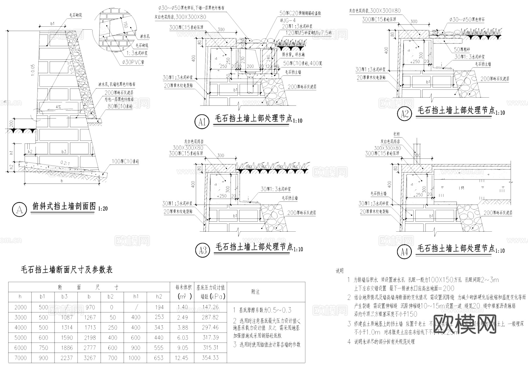 景观园路铺装挡土墙驳岸节点CAD施工图cad施工图